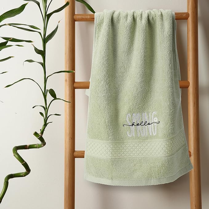 2 Pcs Hello Spring Hand Towels Gray Green Bathroom Decor 14x29 Inch 100% Cotton - Image 5