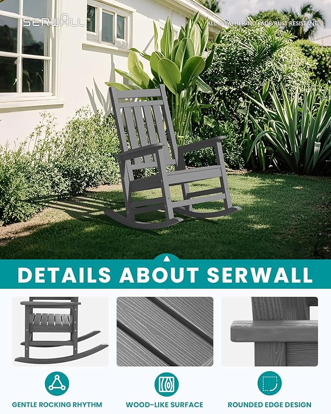 SERWALL Oversized Outdoor Rocking Chair Set of 2, HDPE Rocker for Adults, Patio Rocking Chairs for Porch, Grey - Image 5