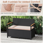 RELAX4LIFE Wicker Outdoor Storage Bench, Rattan Deck Box w/Protective Liner for Patio Furniture Pillows & Garden Tools, Porch Loveseat with Seat Cushion, Acacia Wood Armrests (Black-Beige) - Image 4