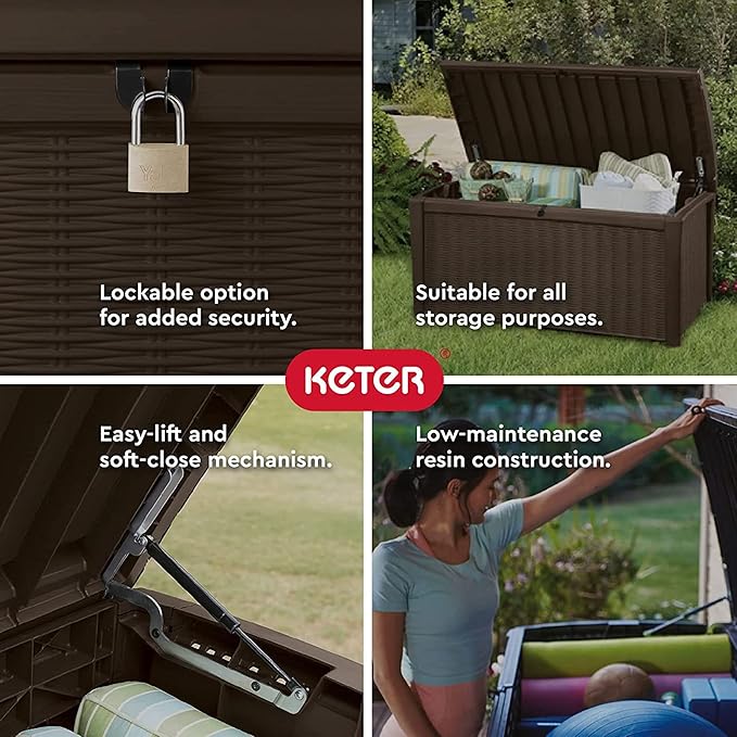 Keter Borneo 110 Gallon Resin Deck Box - Organization and Storage for Patio Furniture, Outdoor Cushions, Throw Pillows, Garden Tools and Pool Toys, Brown - Image 3