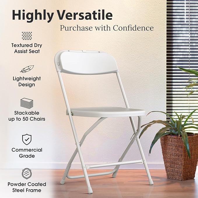 10 Pack Foldable Plastic Chair | Folding & Stackable | 350 lbs Capacity Steel Frame Seats for Indoor Outdoor | Commercial Use Events Wedding Party Bulk Picnic Kitchen Dining - White - Image 3