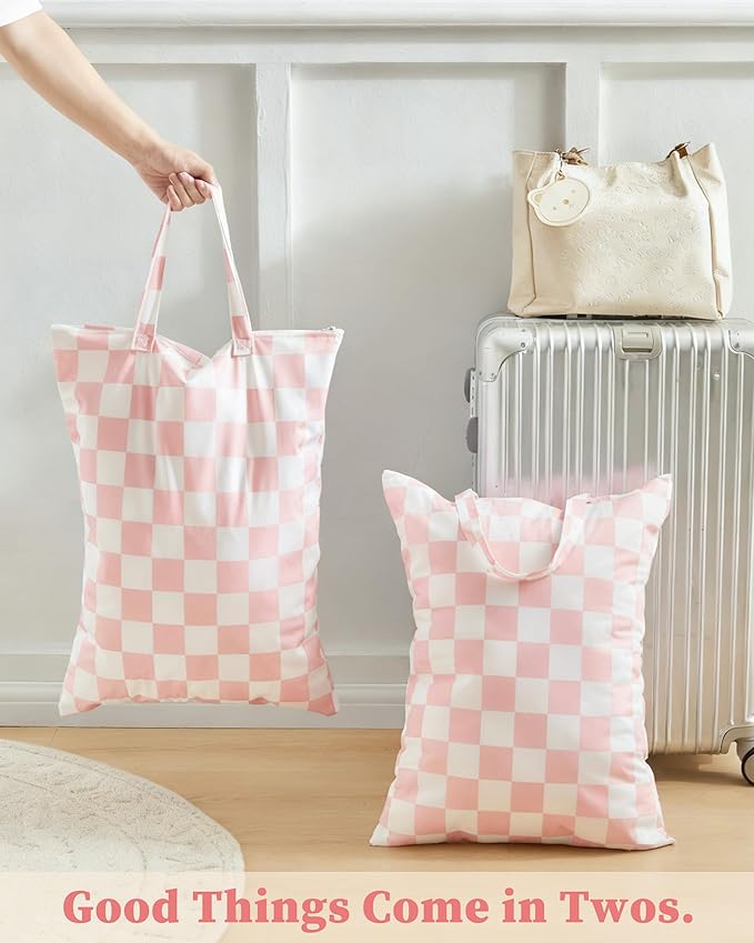 Pink Checkered 2 Pcs Large Travel Laundry Bags - Image 3