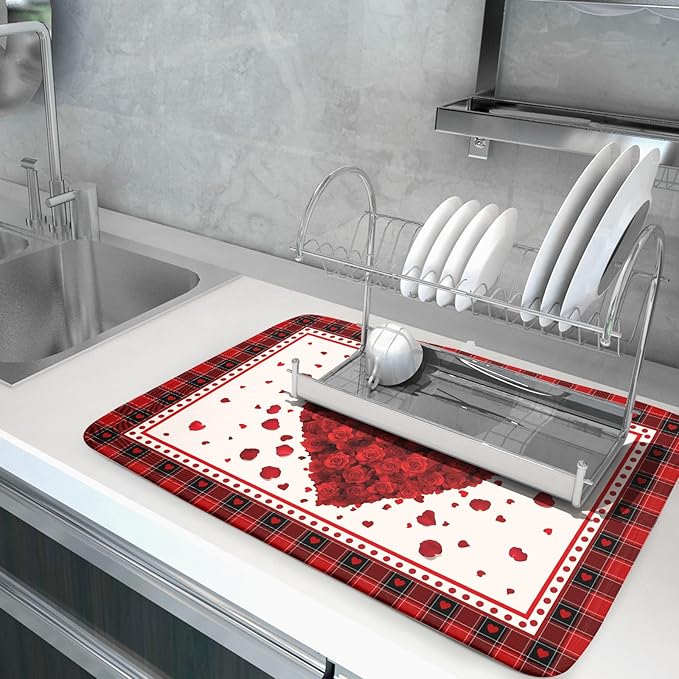 Giwawa Love Heart Dish Drying Mat 18x24 inch Valentines Day Red Rose Flowers - Image 5