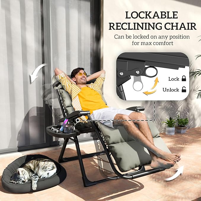 Outsunny Zero Gravity Chairs Set of 2, Reclining Folding Zero Gravity Lounge Chair, Outdoor Lounge Chairs with Removable Cushion, Headrest, and Cup Phone Holder Tray for Patio, Beach, Gray - Image 4