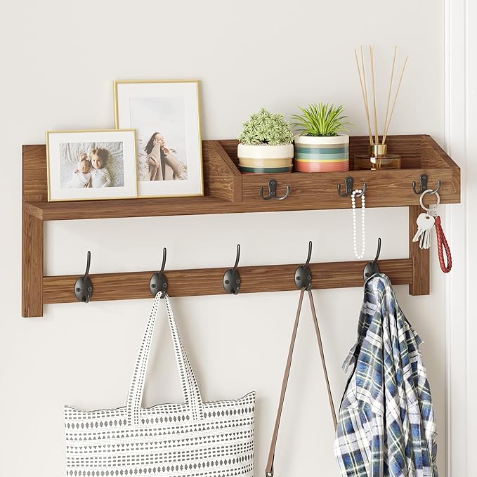 AMBIRD Wall Hooks with Shelf, 26.57 Inch Entryway Wood Coat Hooks by AMBIRD