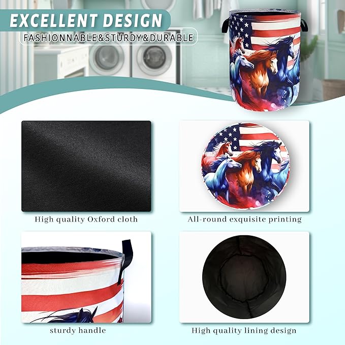American Flag Horse Laundry Basket Patriotic Foldable Funny Laundry Hamper - Image 4