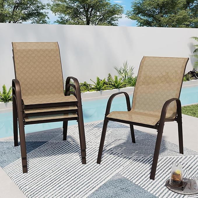 SWITTE Patio Chairs Set of 4 with Armrests, Outdoor Stackable Dining Chairs with Breathable Backrest and Metal Frame for Lawn, Garden, Deck, Poolside, Beige - Image 2