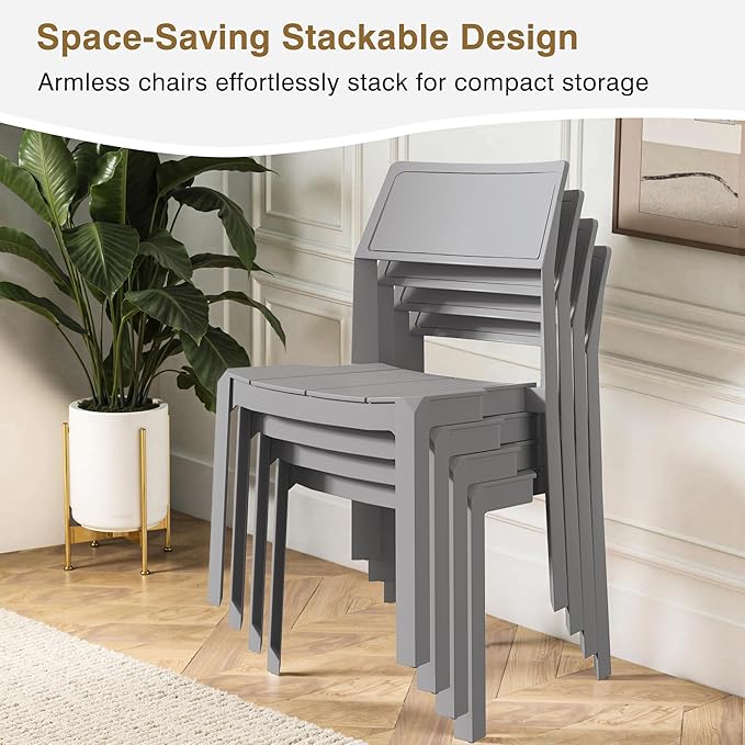 VECELO 4 Pack Stackable Dining Chairs, Plastic Patio Chairs for Indoor Outdoor Use in Kitchen, Poolside, No Assembly, Gray - Image 4