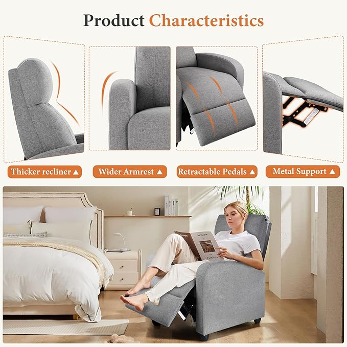 Sweetcrispy Recliner Chair Fabric Recliner Sofa No Massage, Home Theater Seating with Lumbar Support, Adjustable Push Back Overstuffed High-Density Sponge Reclining for Living Room, Slate Gray - Image 5