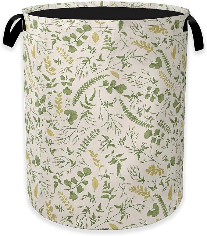 Green Herb Leaves Laundry Hamper, Rustic Wildflower Collapsible Laundry Baskets by Unknown