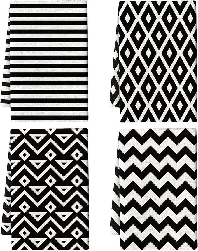 White Black Kitchen Towels Decorative Set of 4, Soft Absorbent Abstract Modern by Unknown