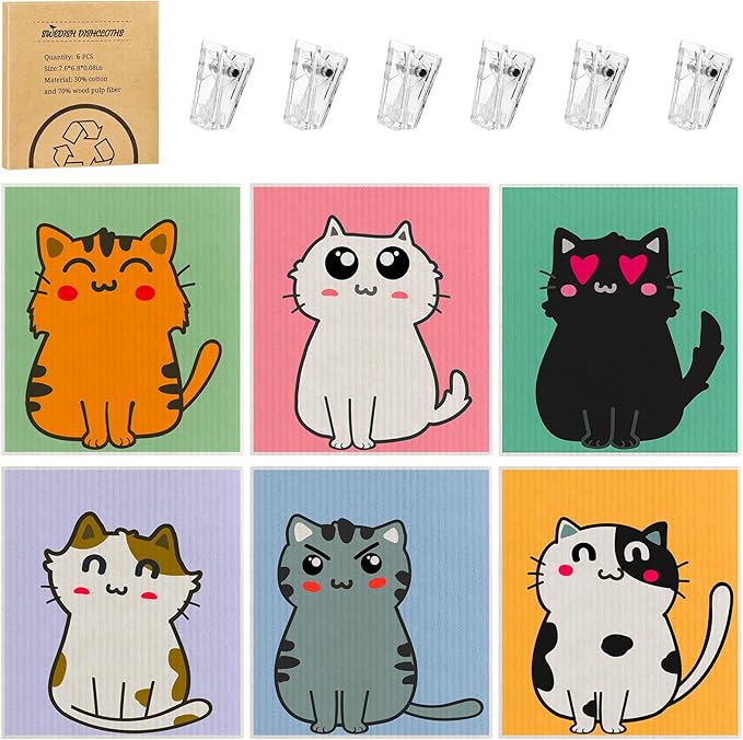 6 Pack Swedish Dishcloths for Kitchen, Cat Gifts for Cat Lovers Swedish Rags by Needbrock