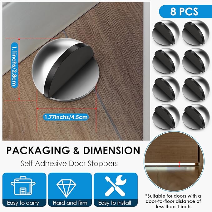 8 Pcs Self Adhesive Door Stoppers, Stainless Steel Floor Door Stop Wall - Image 2
