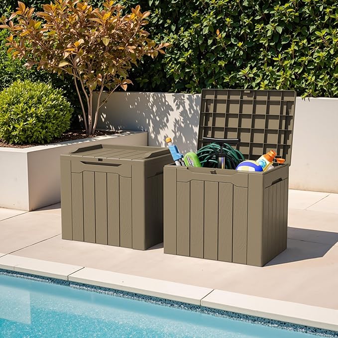 Greesum 31 Gallon Deck Box for Outside, All Weather Outdoor Storage Boxes for Patio Furniture Set, Package Delivery Box, Garden Tools, Light Coffee(Set of 2) - Image 2