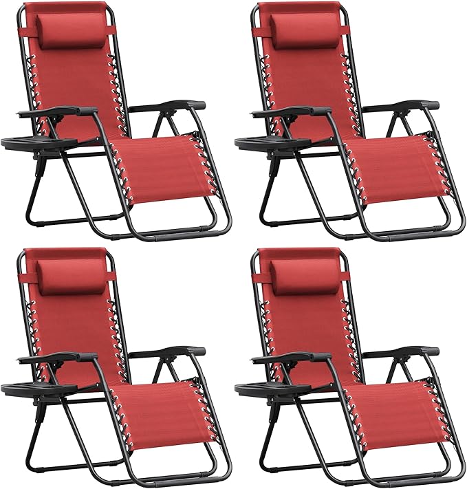 Homall Zero Gravity Chair Patio Folding Lawn Outdoor Lounge Gravity Camp Reclining Lounge Chair with Cup Holder Pillows for Poolside Backyard and Beach Set of 4 (Red) by Homall