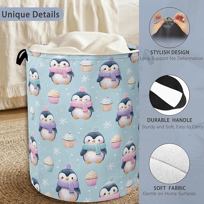 Cute Penguin Laundry Basket, Snowflake Cake Foldable Oxford Cloth Tote Bag - Image 3