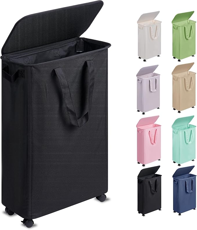 Slim Laundry Hamper with Lid and Wheels, Small Rolling Laundry Basket with by Vincona