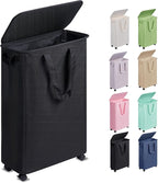 Slim Laundry Hamper with Lid and Wheels, Small Rolling Laundry Basket with by Vincona
