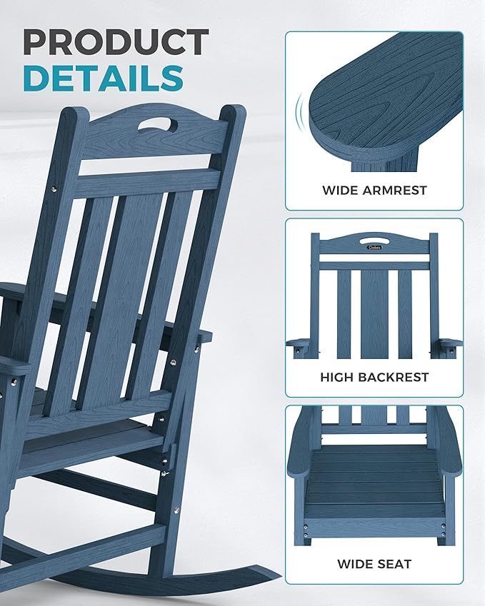 Ciokea Oversized Outdoor Rocking Chairs Set of 2, 380lbs Heavy-Duty Large Patio Rocker, High Back Cozy Porch Chairs, Weather Resistant Patio Rocking Chairs for Outside, Fire Pit, Deck, Slate Blue - Image 4
