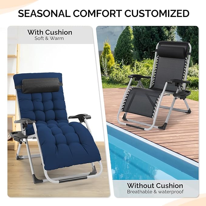 VINGLI 29" Padded Zero Gravity Chair, Lounge Chair with Removable Cushion & Tray， Folding Reclining Patio Chairs， Recliner Chair for Lawn，Indoor Outdoor-Blue - Image 7