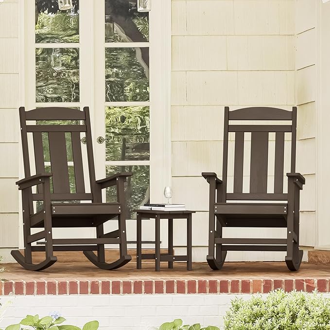 LUE BONA Outdoor Rocking Chairs Set, 3-Piece, Poly Porch Rockers with Table, Plastic Weather Resistant Rocking Chair Set for Outdoor Indoor, Garden, Backyard, 350lb, Brown, Chairs+Table - Image 2