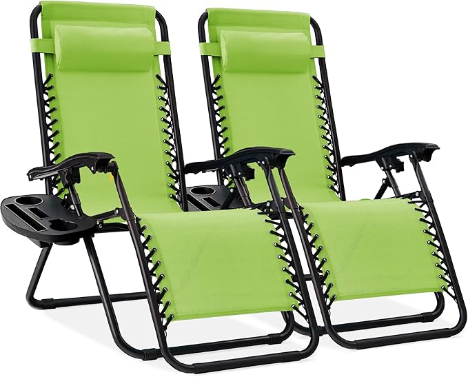 Best Choice Products Set of 2 Adjustable Steel Mesh Zero Gravity Lounge Chair Recliners w/Pillows and Cup Holder Trays - Lime Green by BestChoiceProducts