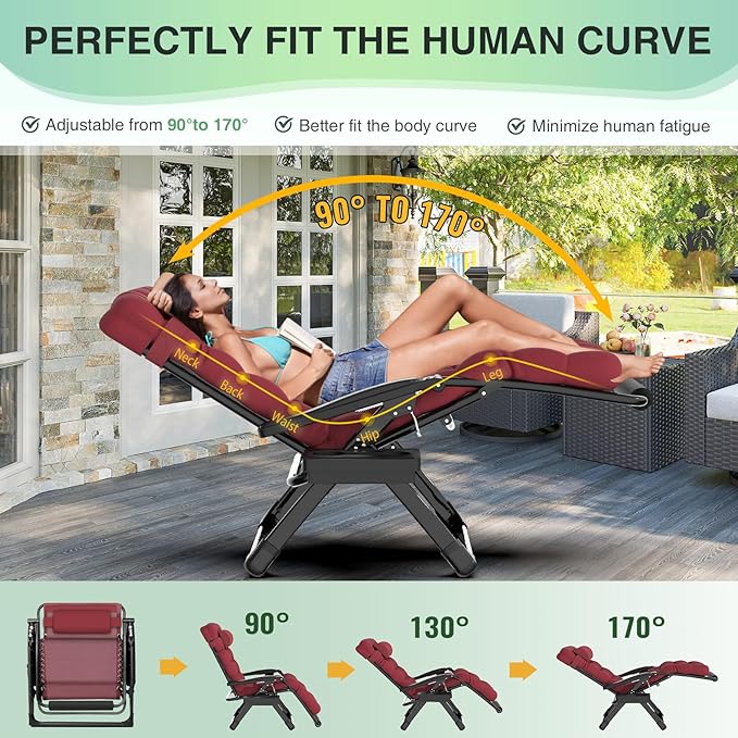 Suteck Oversized Zero Gravity Chair,33In XXL Outdoor Recliner Chair w/Removable Cushion&Headrest, Camping Lounge Chair w/Upgraded Lock&Footrest, Reclining Patio Chairs for Indoor Outdoor,500LBS - Image 4