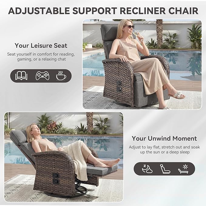 Zero Gravity Patio Swivel Rocking Recliner Chair - Wicker Outdoor Lounge Chair with Adjustable Backrest & Footrest, All Weather Reclining Rocker Chairs with Thick Cushion for Pool Deck Gray - Image 5