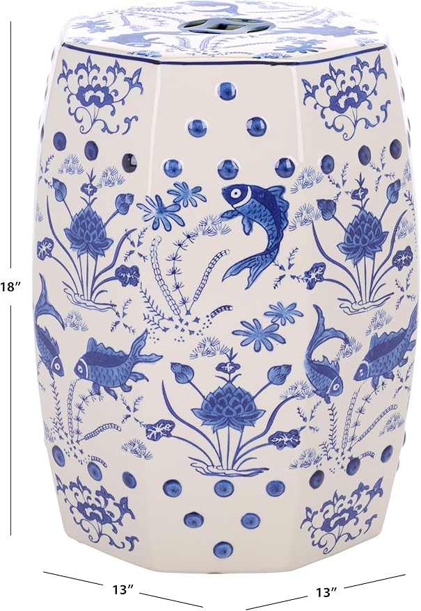 Safavieh Castle Gardens Collection Glazed Ceramic Blue Cloud 9 Chinoiserie Garden Stool - Image 2