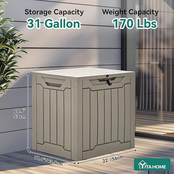 YITAHOME 31 Gallon Outdoor Storage Box, Resin Deck Box and Waterproof Package Delivery Box for Gardening Tools, Pool Supplies, Patio Furniture, Lockable, Taupe - Image 5
