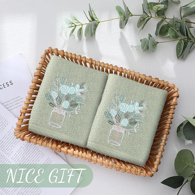 2 Pcs Eucalyptus Hand Towels Gray Green Bathroom Decor 14x29 Inch Embroidered - Image 2