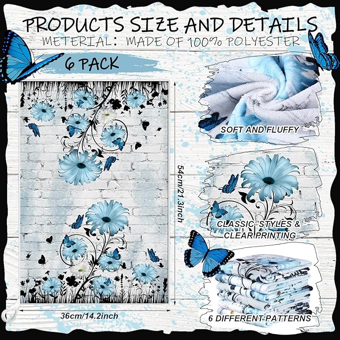 Breling Set of 6 Blue Daisy Kitchen Towel Vintage Themed Dish Towel Bathroom - Image 2