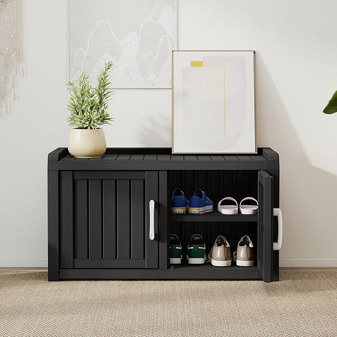 2-Tier Storage Bench, Waterproof UV-Resistant Outdoor Shoe Storage Cabinet with 2 Doors & Adjustable Shelves for Indoor Outdoor Entryway, Hallway, Living Room (Raven Black) - Image 2