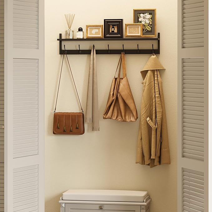 BAMEOS Wall Hooks with Shelf 35 Inch Length Entryway Hanging Shelf Wood Coat - Image 4