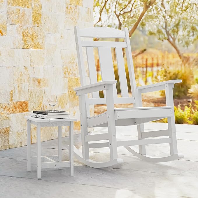 LUE BONA Outdoor Rocking Chairs Set, 3-Piece, HDPS Poly Porch Rockers with Table, Plastic Weather Resistant Rocking Chair Set for Outdoor Indoor, Garden, Backyard, 350lb,White Chairs+Table - Image 5