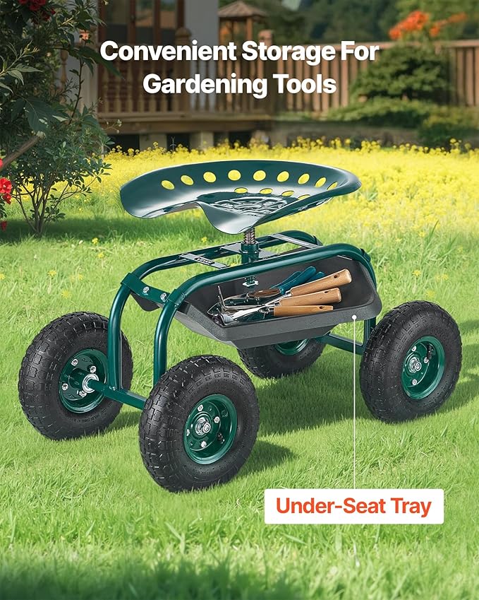 VEVOR Rolling Garden Cart with Swivel Seat, Heavy Duty Garden Seat with Storage Basket & Tool Tray, 300 lbs Weight Capacity, Outdoor Utility Gardening Stool Scooter for Lawn Yard Planting Weeding - Image 4