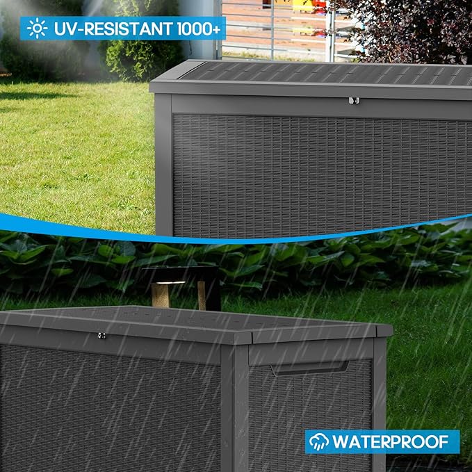 ROJIK Outdoor Storage Housing Deck Box - Waterproof Patio Furniture, Garden Tools, Cushions, Pool Accessories Storage Bench with Lockable Lid and Side Handles (Black, 315 Gal) - Image 4