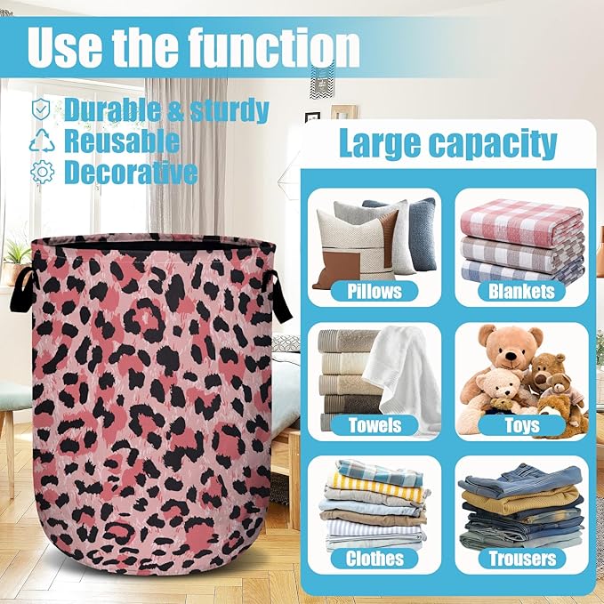 Pink Leopard Laundry Basket, Laundry Hamper Collapsible Oxford Cloth - Image 3