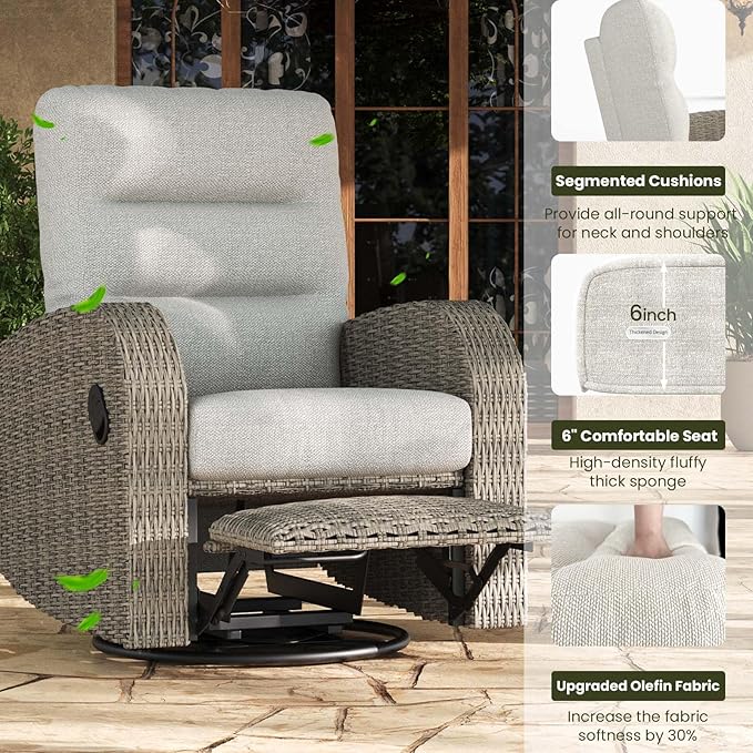 LayinSun Oversized Wicker Outdoor Swivel Glider Recliner with Adjustable Backrest & Footrest, Patio Reclining Lounge Chair - Set of 2 - Image 4