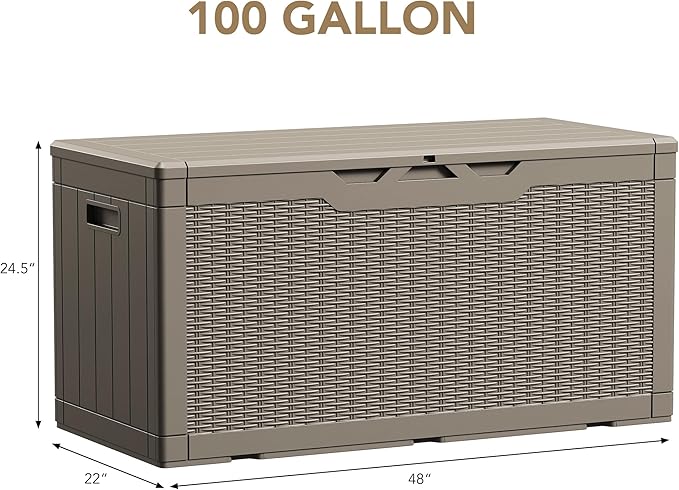 Devoko 100 Gallon Waterproof Large Resin Deck Box Indoor Outdoor Lockable Storage Container for Patio Furniture Cushions Garden Tools (100 Gallon, Light Brown) - Image 6