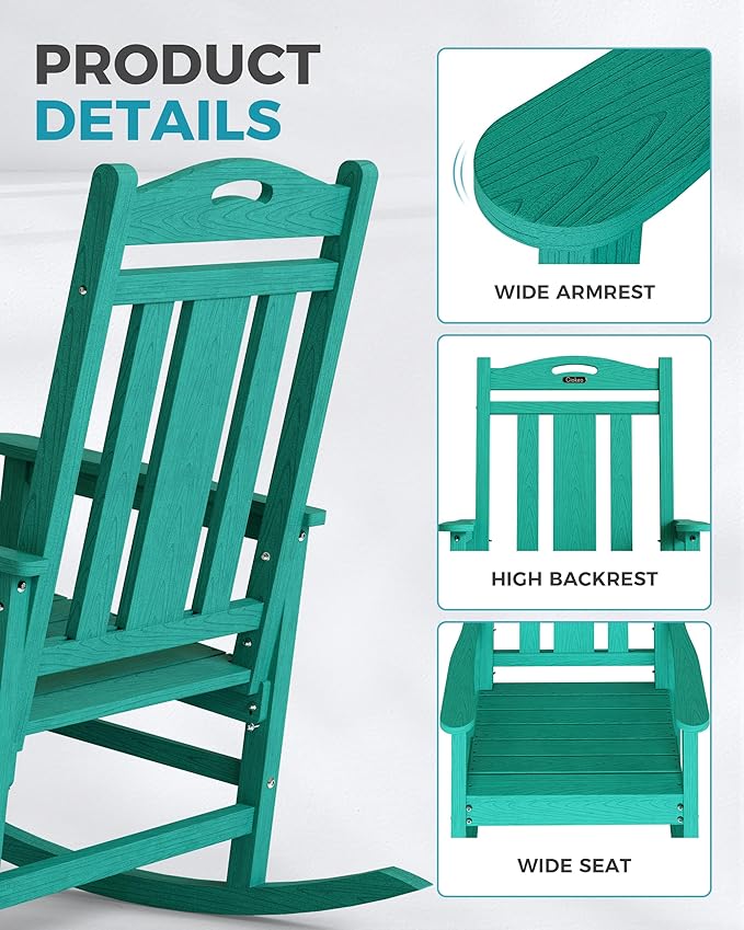 Ciokea Oversized Outdoor Rocking Chairs Set of 3, 380lbs Heavy-Duty Large Patio Rocker, High Back Cozy Porch Chairs, Weather Resistant Patio Rocking Chairs for Outside, Fire Pit, Deck, Aruba Blue - Image 4