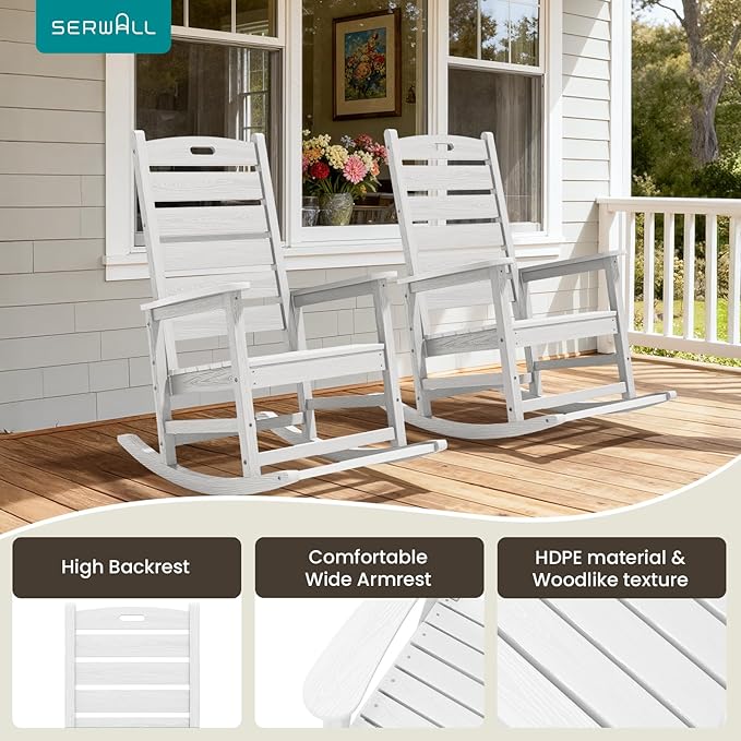 SERWALL HDPE Outdoor Rocking Chair, Oversized Rocking Chair with Footboard, High Back Porch Rocker Chair with 350lbs Support, White - Image 6