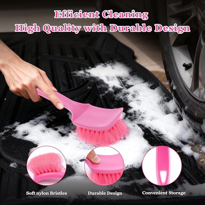 Pink Carpet Brush for Women, Soft Nylon Bristles for Cleaning Leather Seats and - Image 2