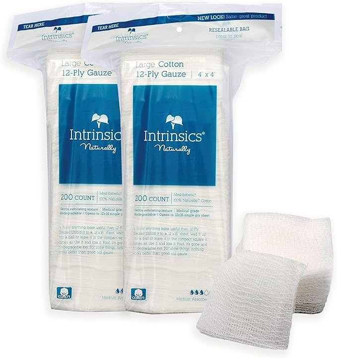 Intrinsics Large 4x4 Gauze Pads 2 Pack – 12-Ply Lint Free Cotton Pads by Intrinsics%C2%AE