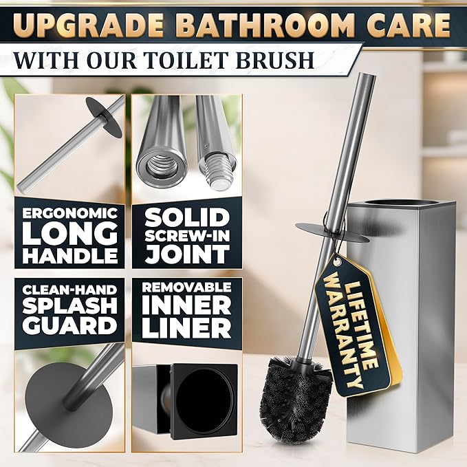 Silver Toilet Brush and Holder Set Stainless Steel – Square Design Toilet Bowl - Image 4