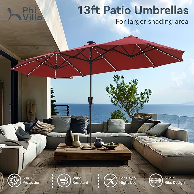 PHI VILLA 13ft Patio Umbrella with Solar-Powered 120 PCS LED Color-Changing Lights, Triple-Head Large Rectangle Umbrella Outdoor Patio for Table with Crank Lift,Dark Red(No Base) - Image 4