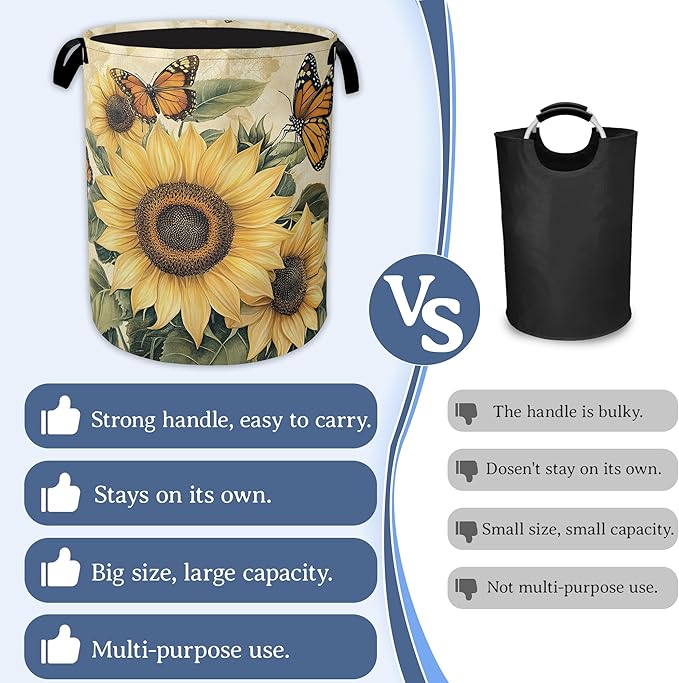 Vintage Sunflower Laundry Basket, Foldable Oxford Cloth Butterfly Laundry Hamper - Image 3
