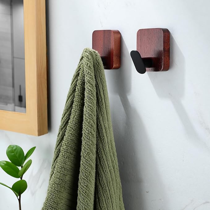 DELITON Acacia Wooden Towel Hooks Red Brown, 4 Pack Sticky Hooks - Image 4