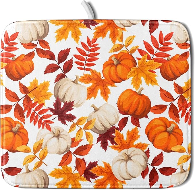 Fall Dish Drying Mat for Kitchen Counter Watercolor Pumpkins Autumn Leaves by Unknown