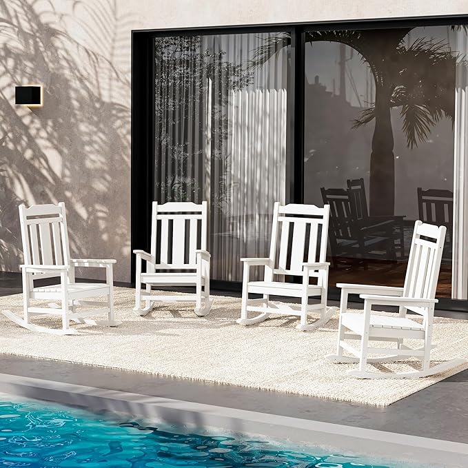 SERWALL Oversized Outdoor Rocking Chair Set of 4, HDPE Outdoor Rocking Chair for Adults, White by SERWALL